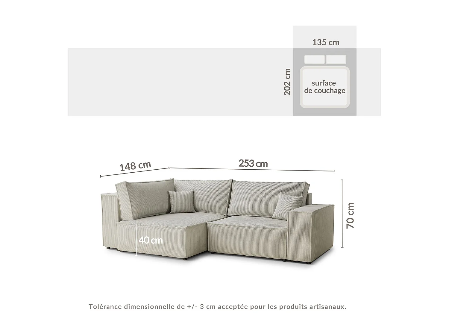 Canapé d'angle gauche avec fonction lit en velours creme TONGA