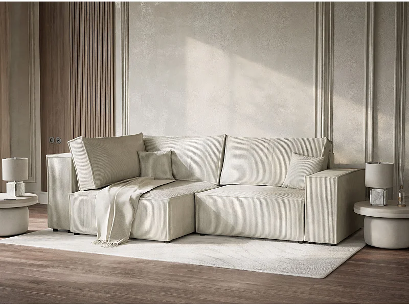 Ecksofa mit Schlaffunktion - Ecke Links - 3-Sitzer - Samtstoff - creme - TONGA
