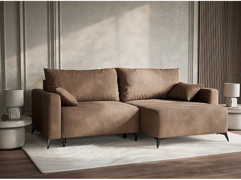 Canapé d'angle droit avec fonction lit en tissu tressé brun LEON