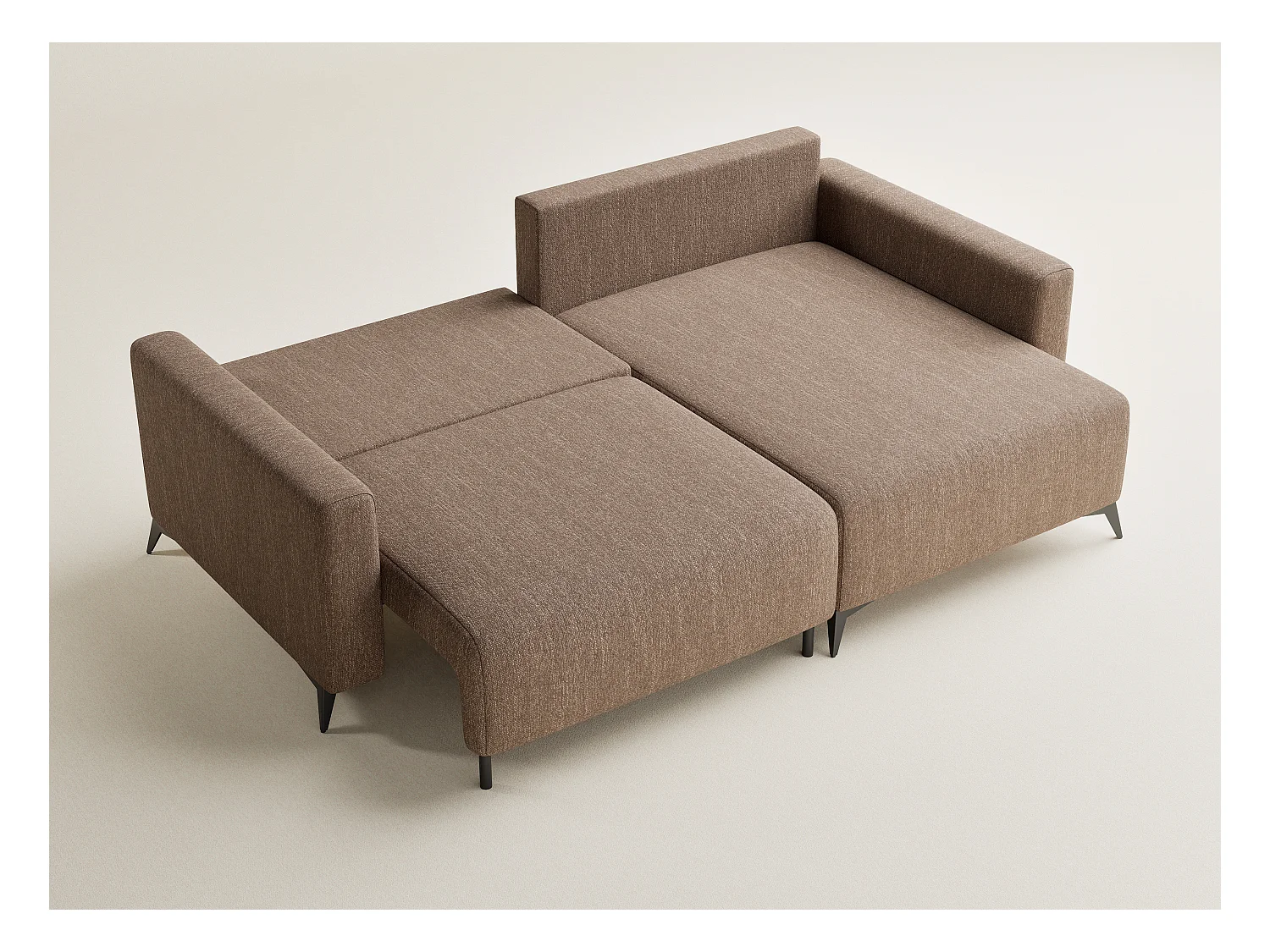 Canapé d'angle droit avec fonction lit en tissu tressé brun LEON