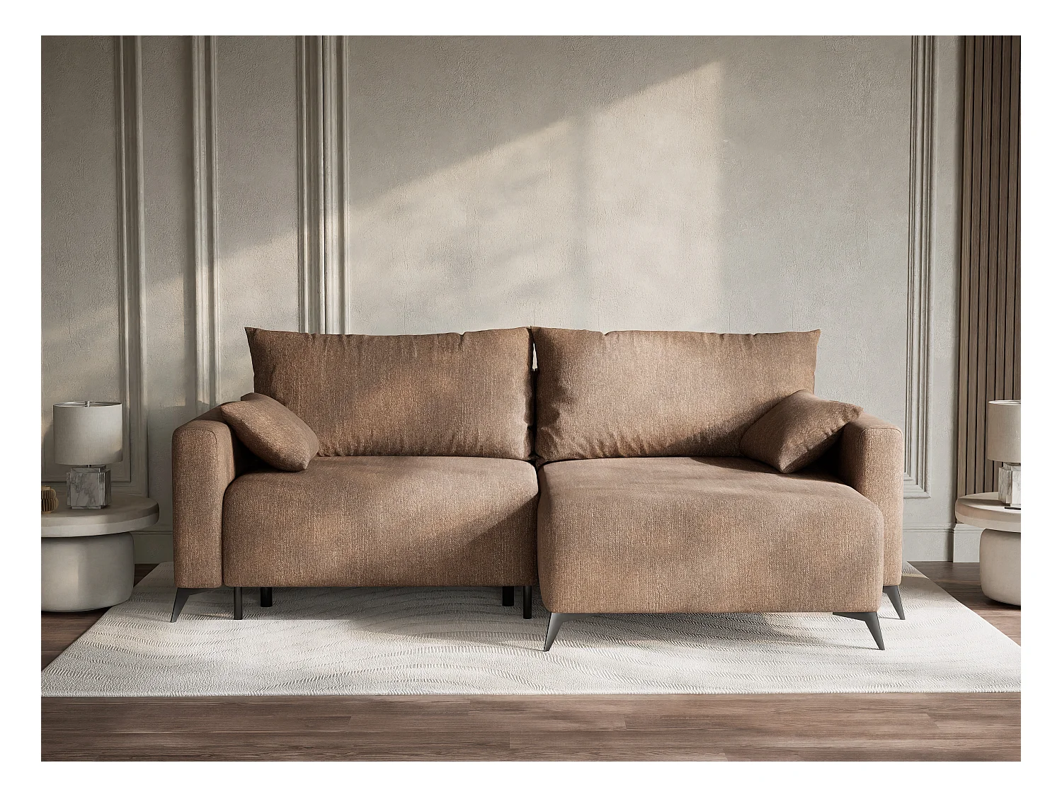 Canapé d'angle droit avec fonction lit en tissu tressé brun LEON