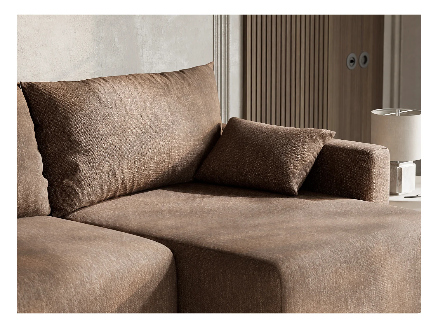 Canapé d'angle droit avec fonction lit en tissu tressé brun LEON