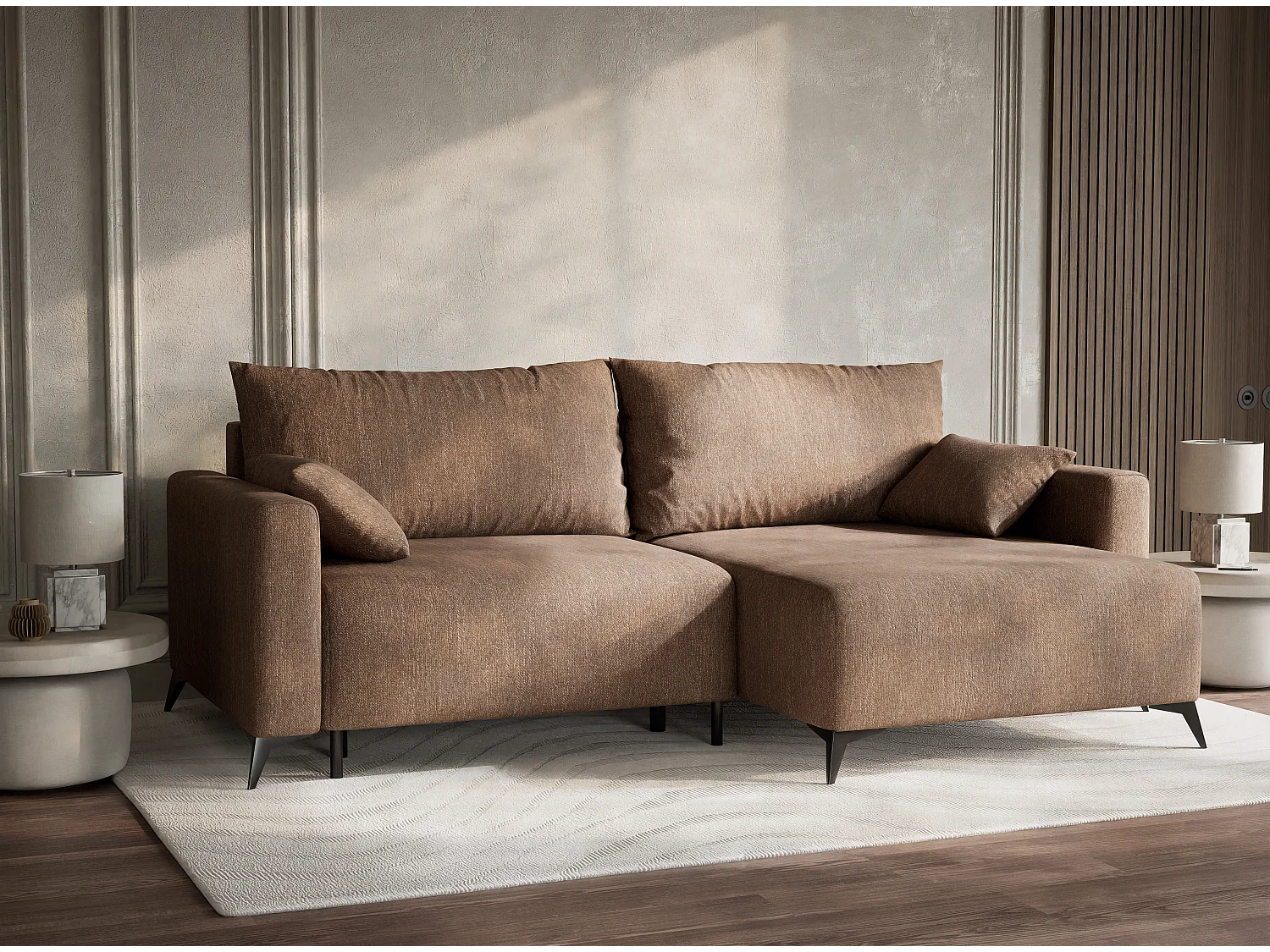Canapé d'angle droit avec fonction lit en tissu tressé brun LEON