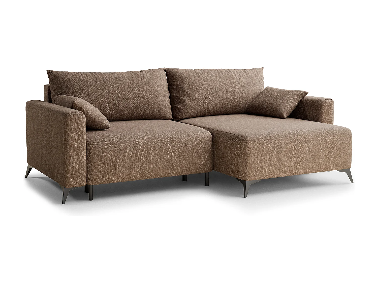 Canapé d'angle droit avec fonction lit en tissu tressé brun LEON