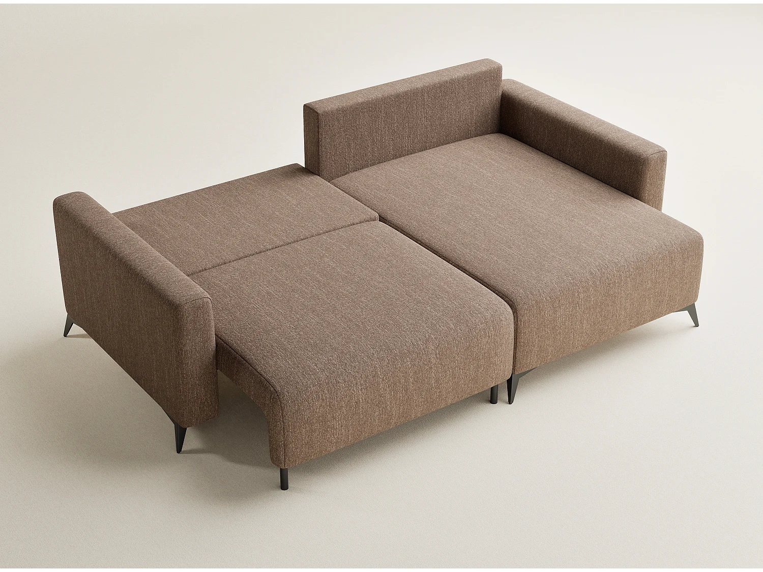 Canapé d'angle droit avec fonction lit en tissu tressé brun LEON