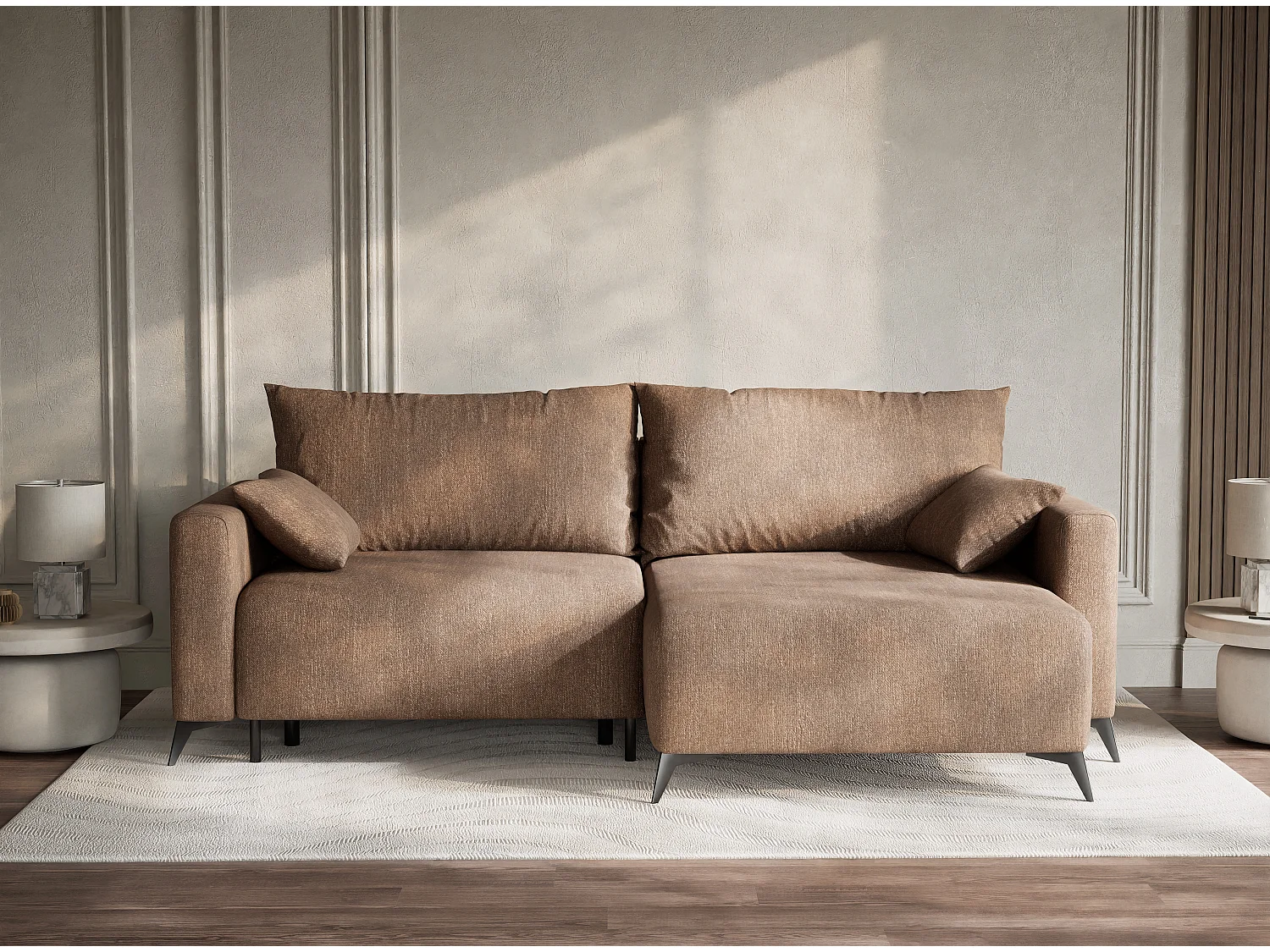 Canapé d'angle droit avec fonction lit en tissu tressé brun LEON