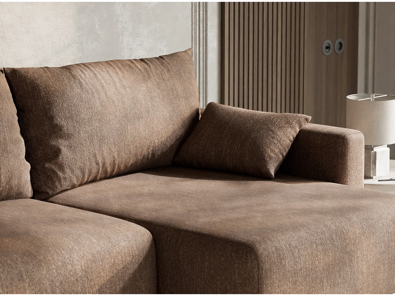 Canapé d'angle droit avec fonction lit en tissu tressé brun LEON