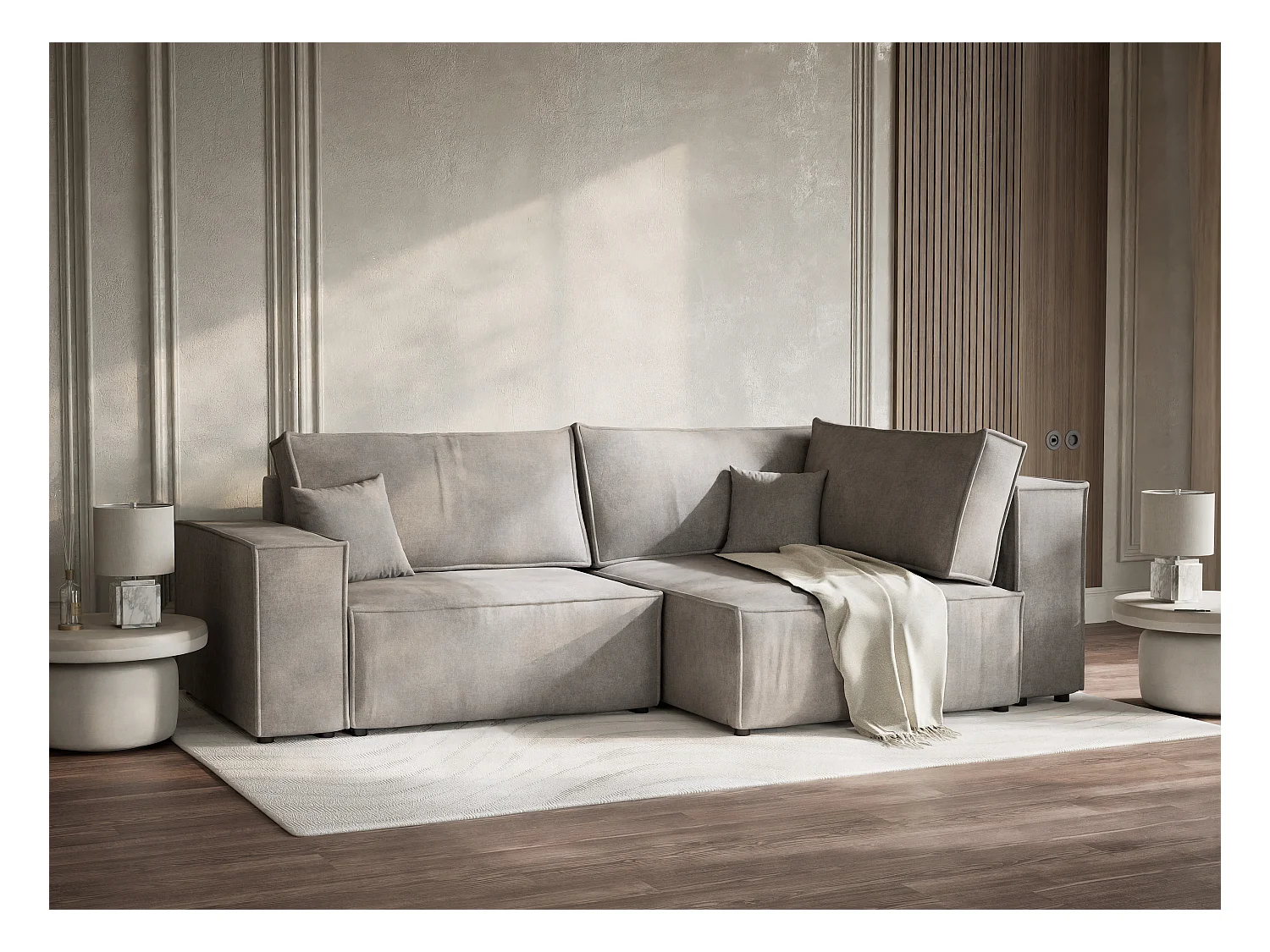 Canapé d'angle droit avec fonction lit en tissu chenille beige gris TONGA