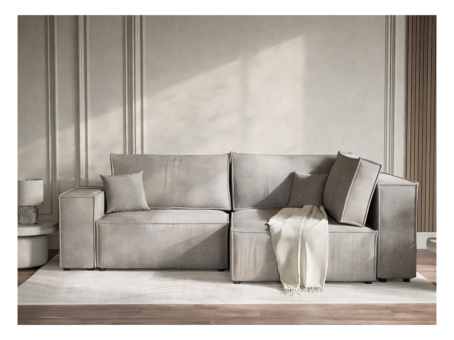 Canapé d'angle droit avec fonction lit en tissu chenille beige gris TONGA