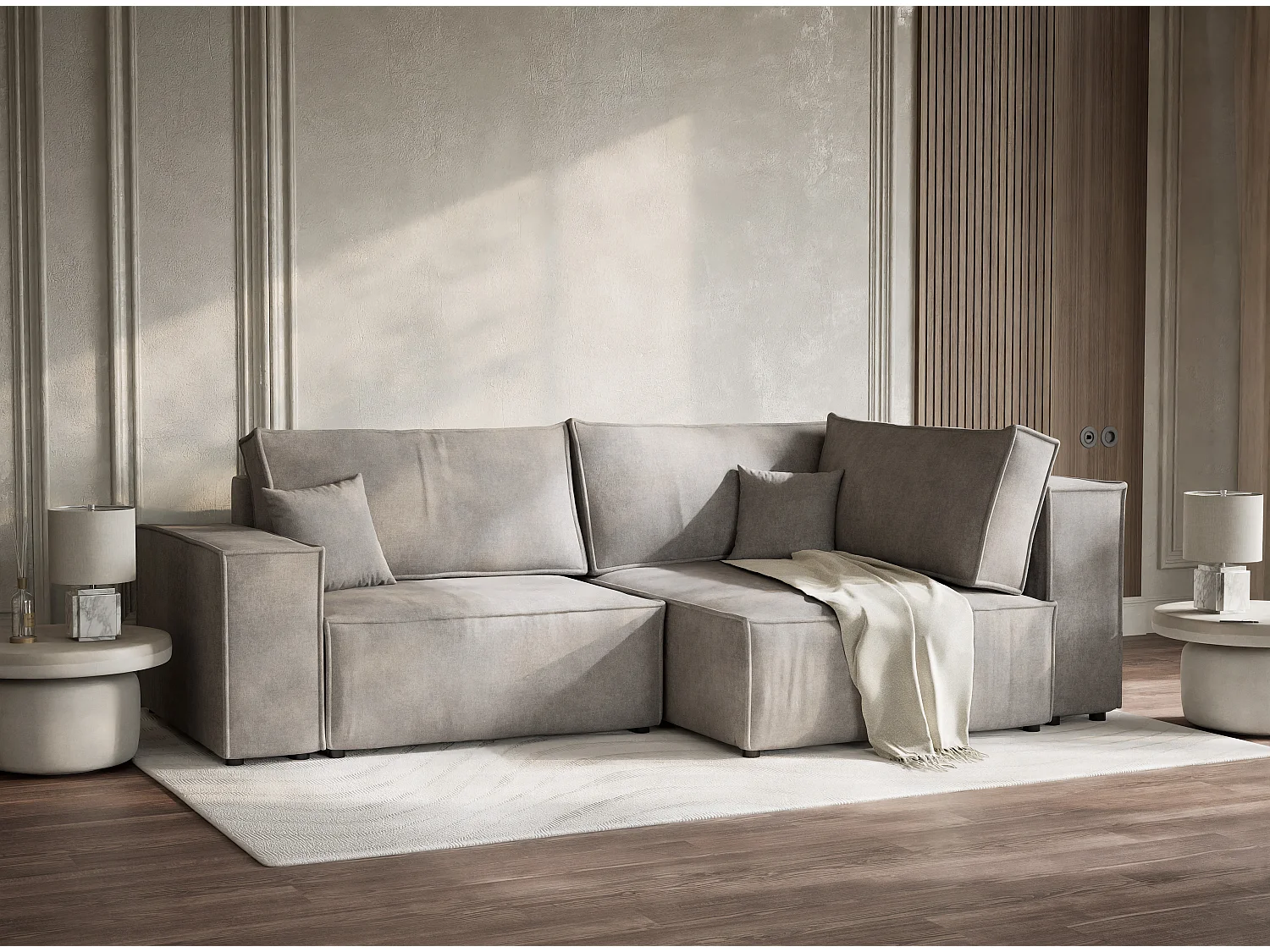 Canapé d'angle droit avec fonction lit en tissu chenille beige gris TONGA