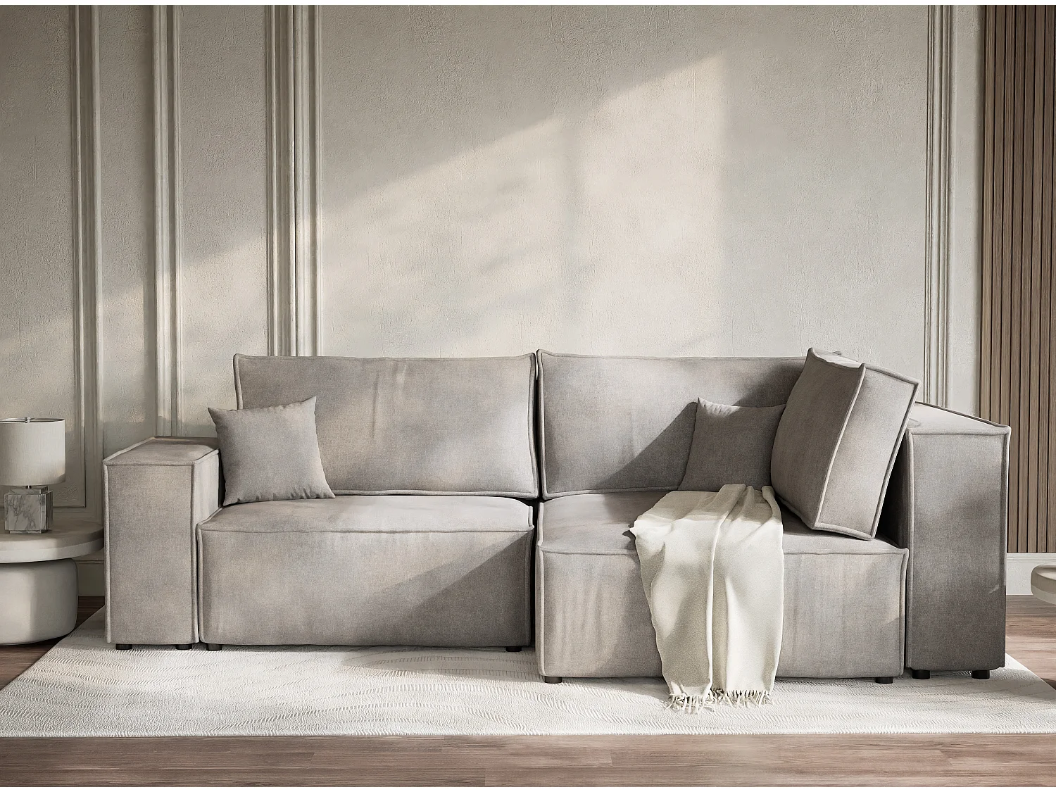 Canapé d'angle droit avec fonction lit en tissu chenille beige gris TONGA