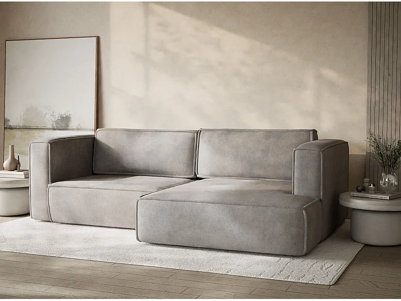 Canapé d'angle droit avec fonction lit en tissu chenille beige gris VELTO