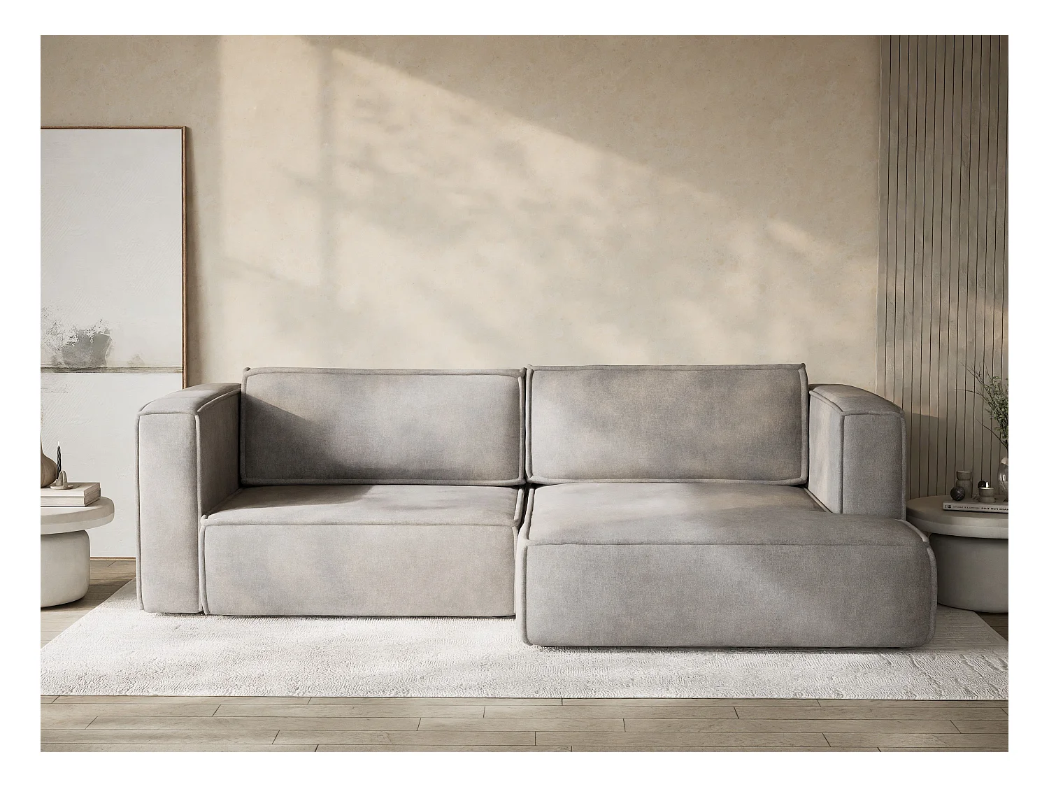 Canapé d'angle droit avec fonction lit en tissu chenille beige gris VELTO