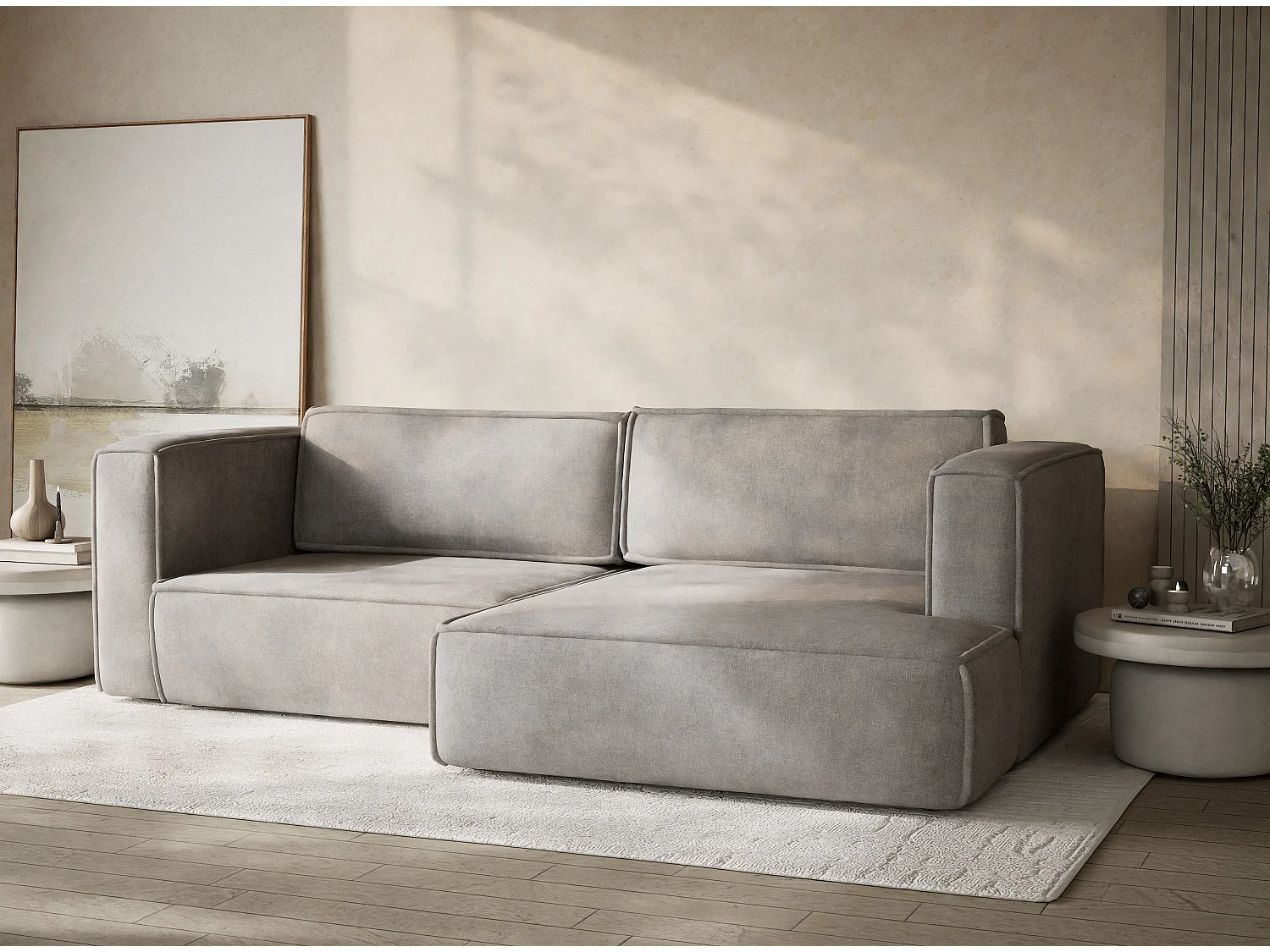 Canapé d'angle droit avec fonction lit en tissu chenille beige gris VELTO