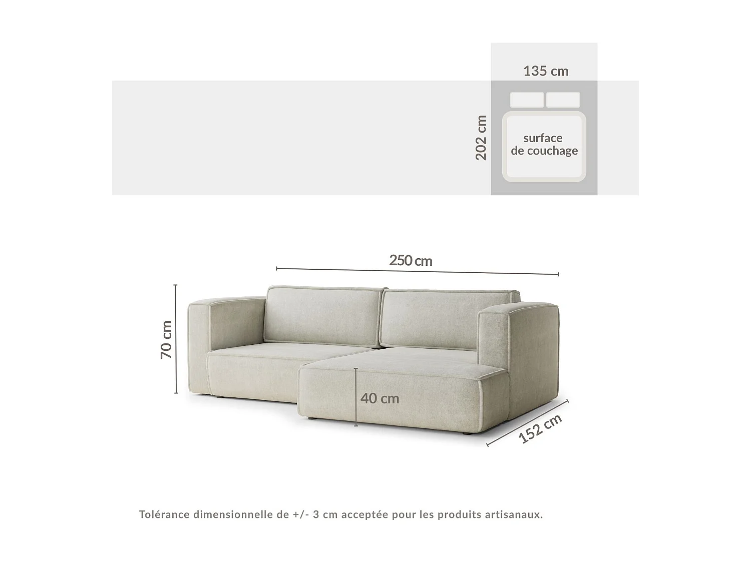 Canapé d'angle droit avec fonction lit en tissu chenille beige gris VELTO