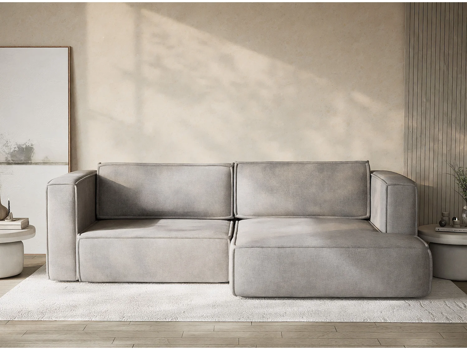 Canapé d'angle droit avec fonction lit en tissu chenille beige gris VELTO