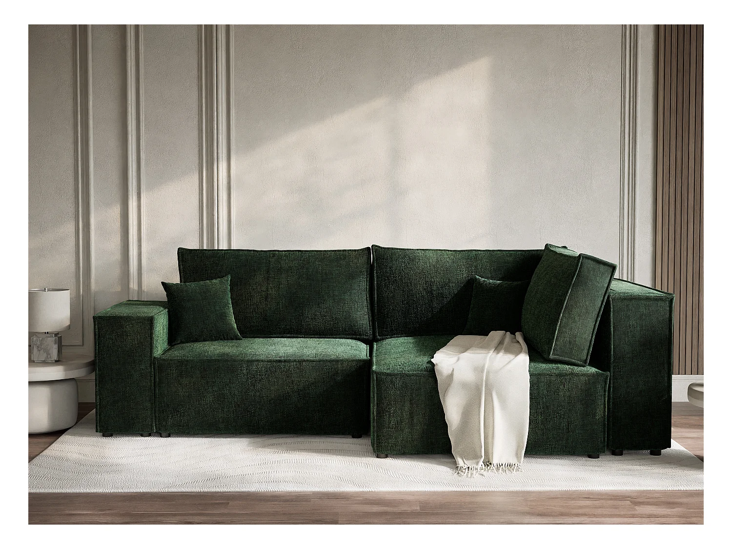 Canapé d'angle droit avec fonction lit en tissu chenille vert foncé TONGA