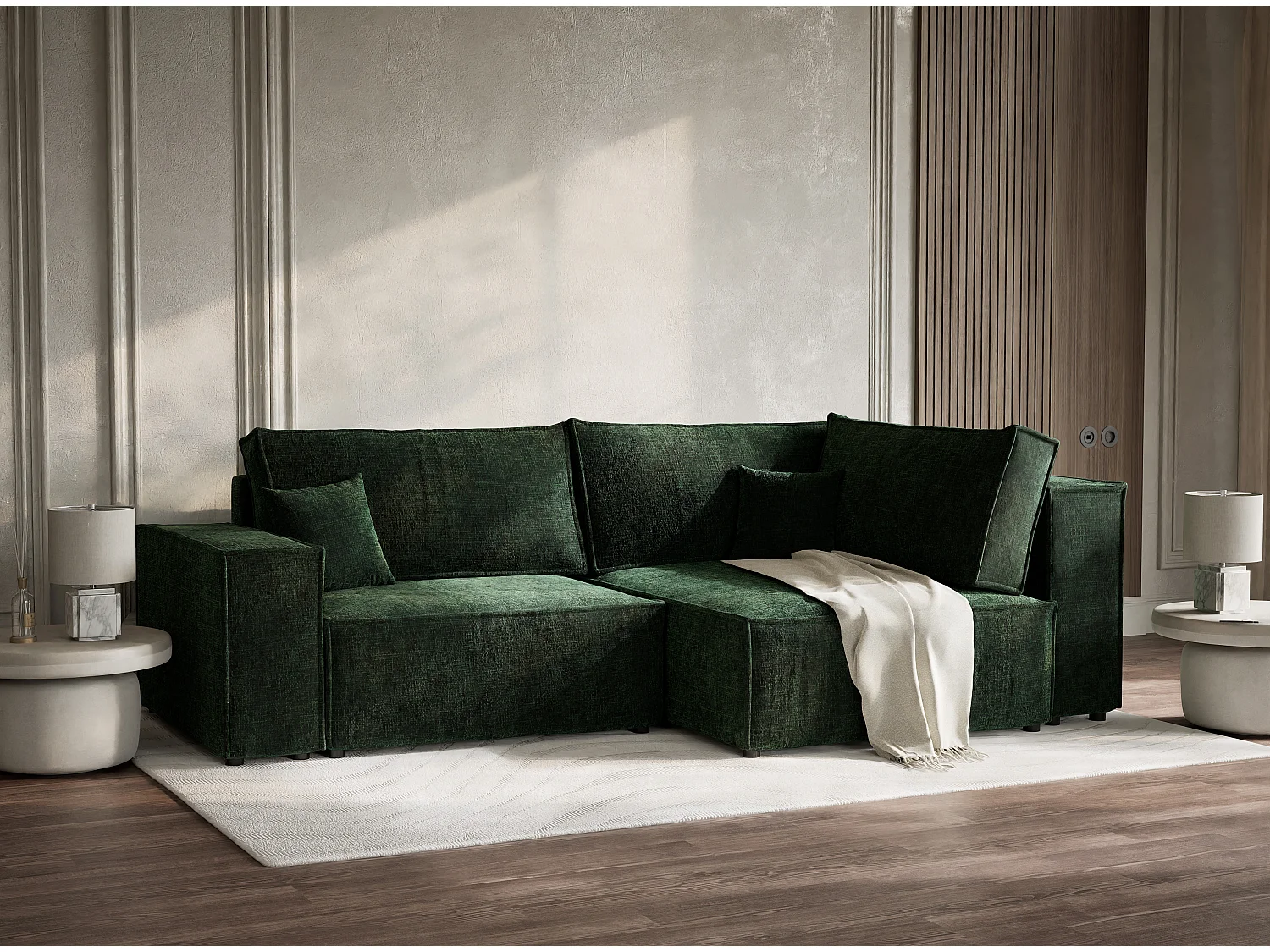 Canapé d'angle droit avec fonction lit en tissu chenille vert foncé TONGA