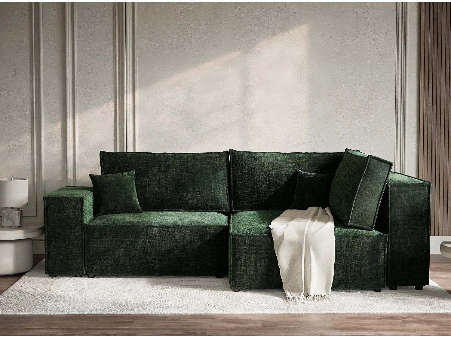Canapé d'angle droit avec fonction lit en tissu chenille vert foncé TONGA