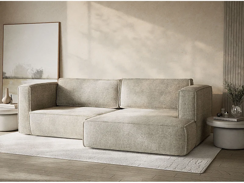 Canapé d'angle droit avec fonction lit en tissu chenille beige VELTO