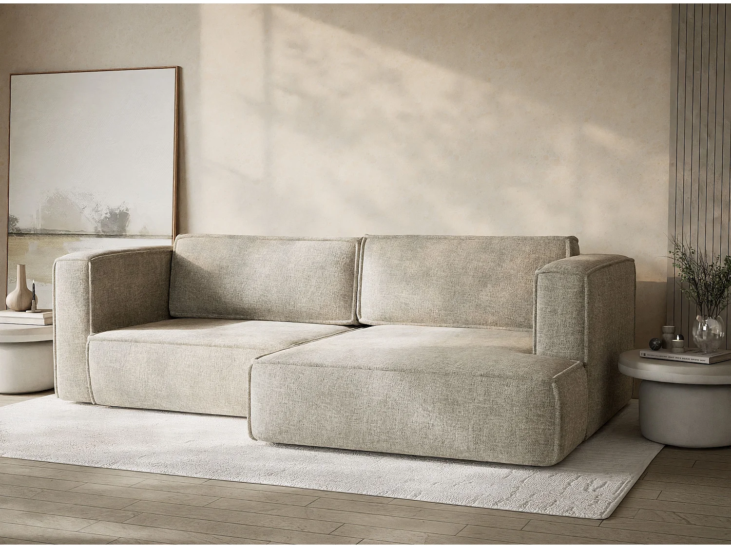 Canapé d'angle droit avec fonction lit en tissu chenille beige VELTO