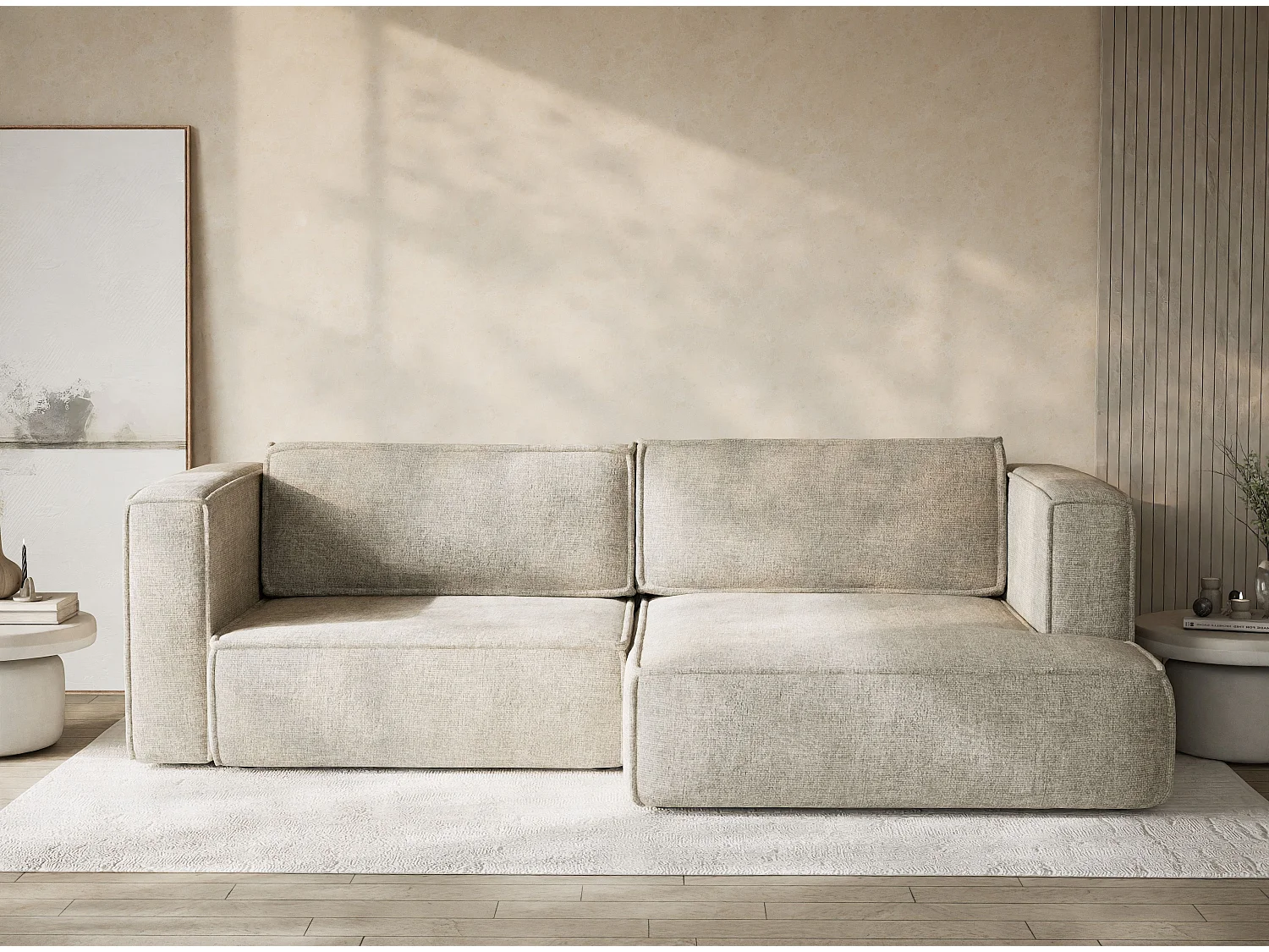 Canapé d'angle droit avec fonction lit en tissu chenille beige VELTO