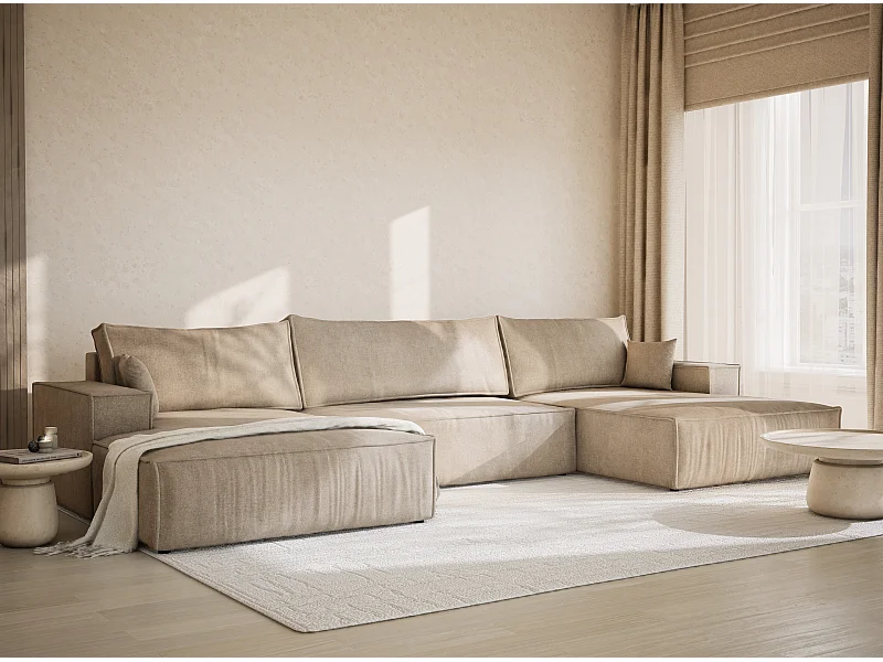 Canapé d'angle panoramique avec fonction lit en tissu chenille beige KYOTO