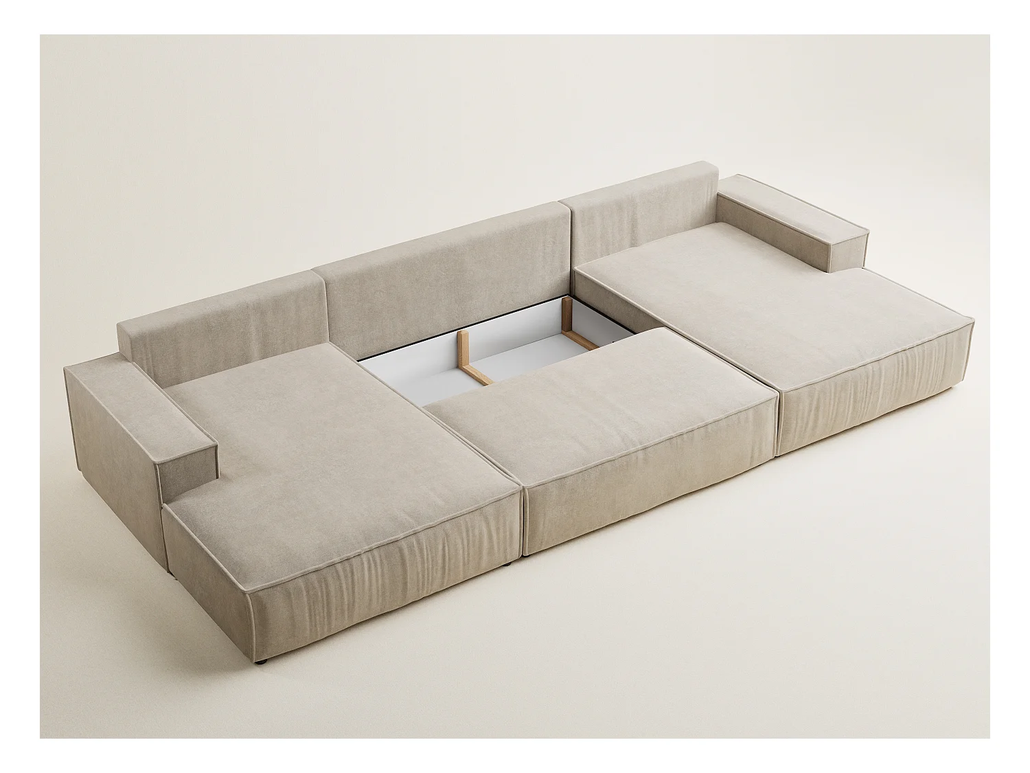 Canapé d'angle panoramique avec fonction lit en tissu chenille beige KYOTO