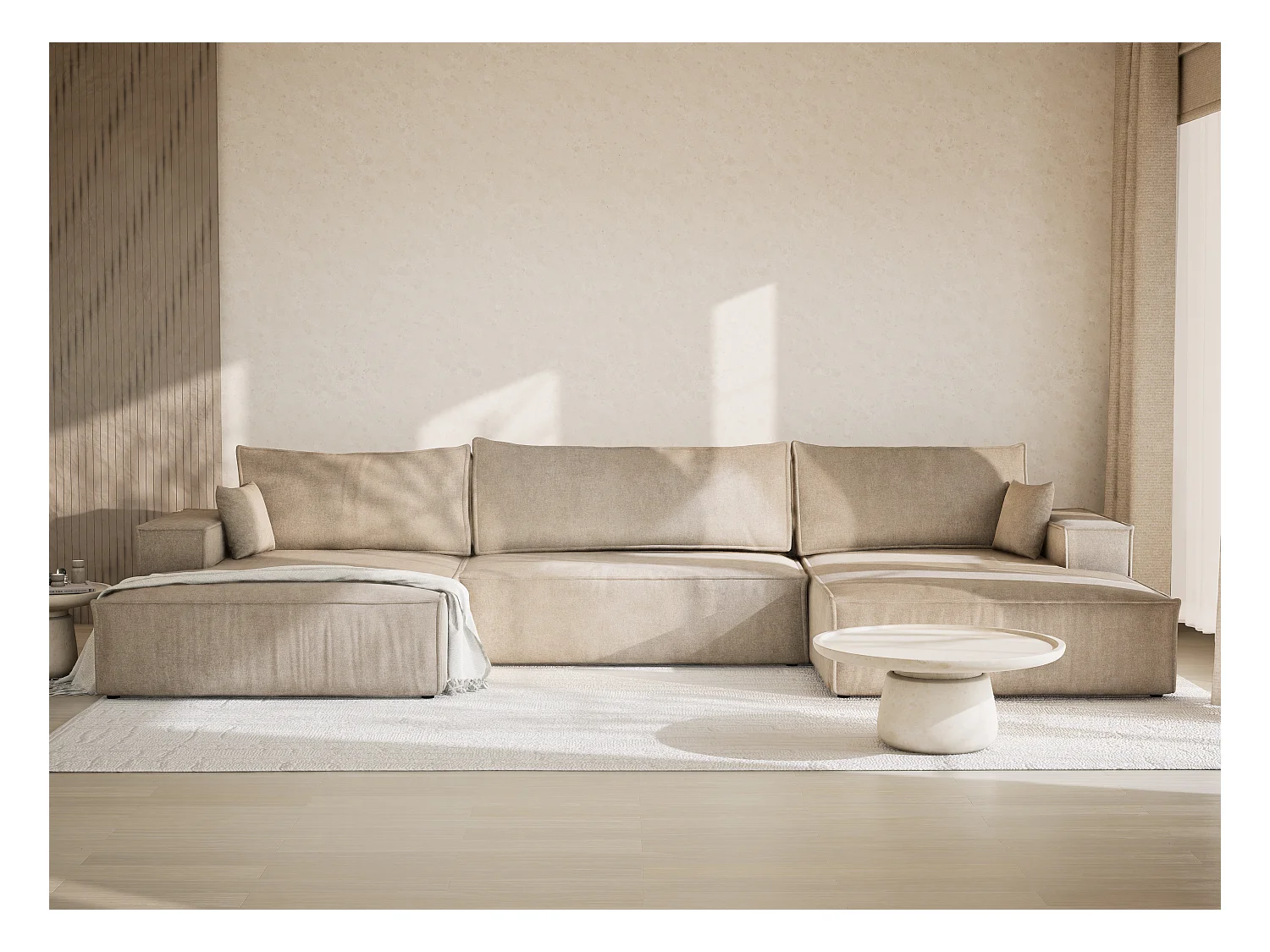 Canapé d'angle panoramique avec fonction lit en tissu chenille beige KYOTO