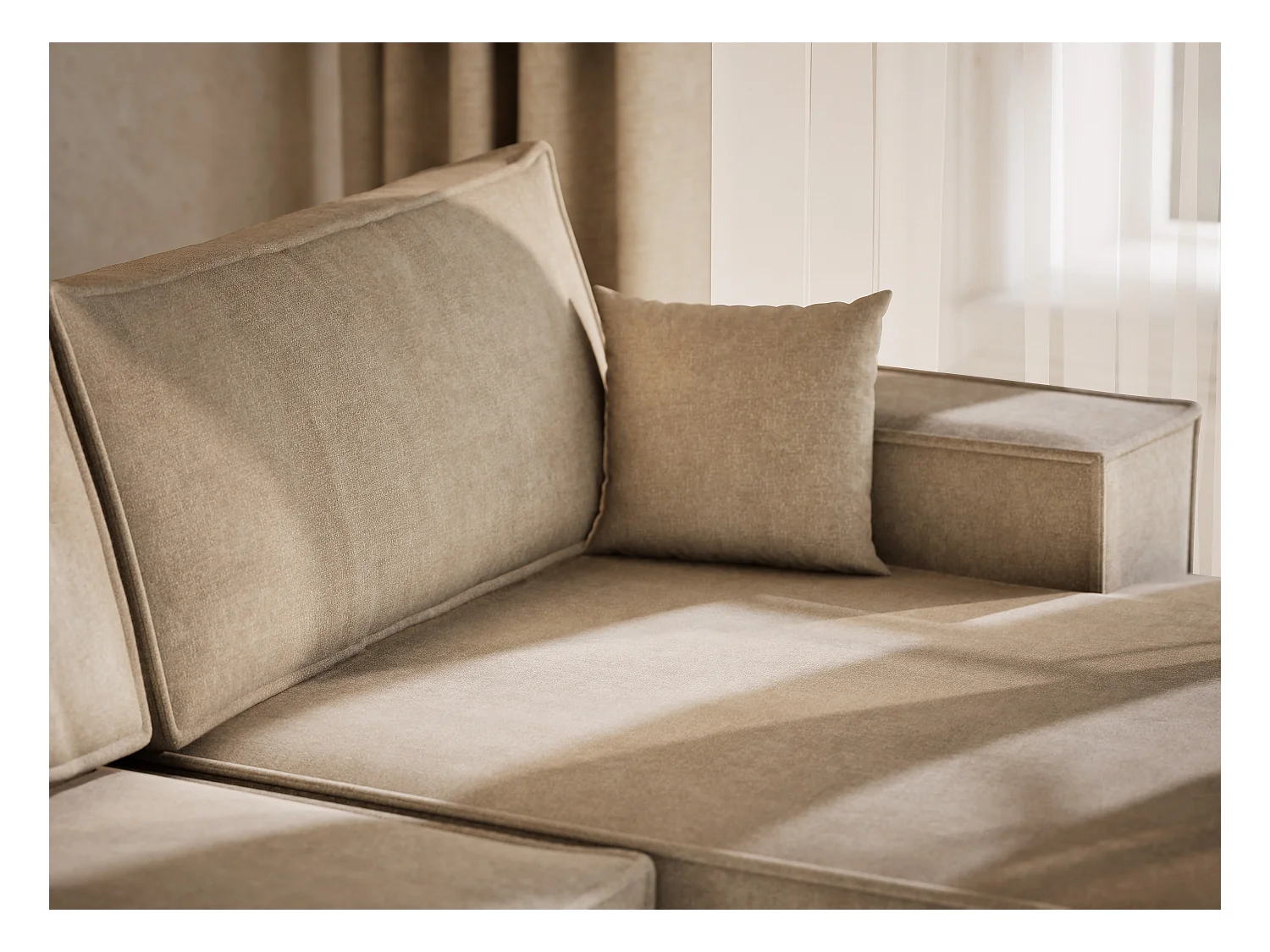 Canapé d'angle panoramique avec fonction lit en tissu chenille beige KYOTO