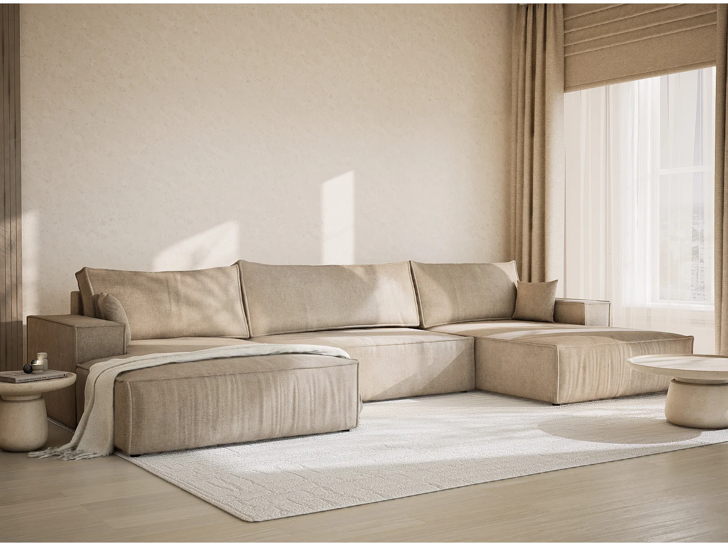 Canapé d'angle panoramique avec fonction lit en tissu chenille beige KYOTO