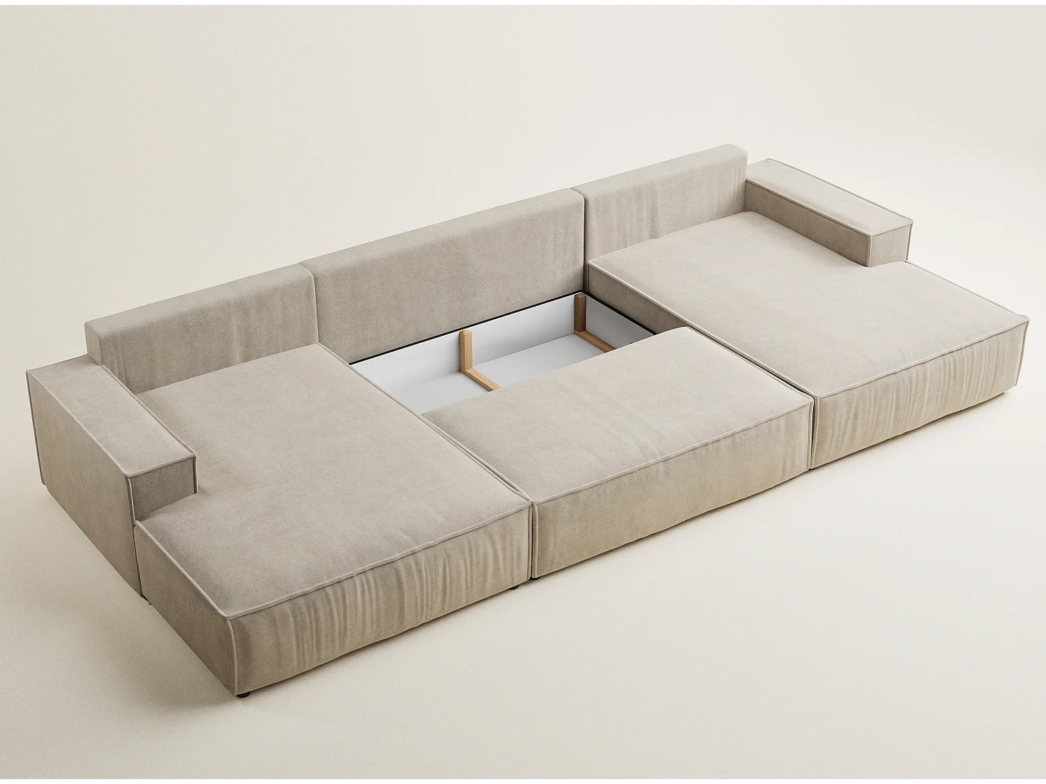 Canapé d'angle panoramique avec fonction lit en tissu chenille beige KYOTO