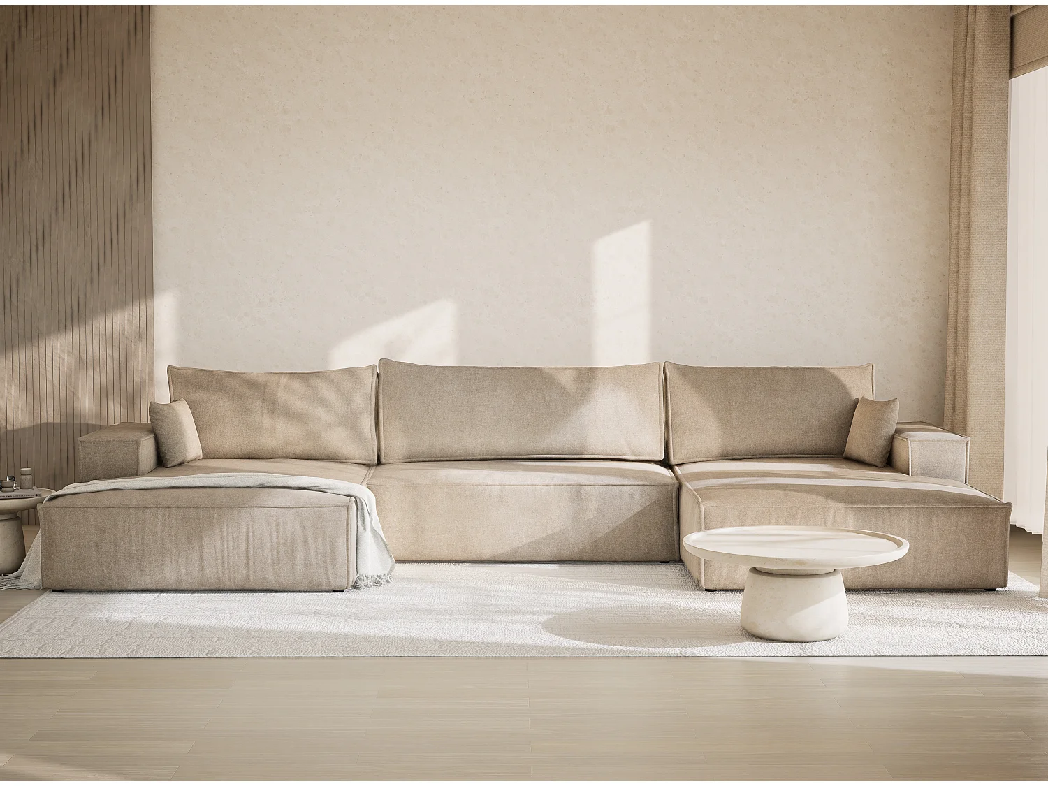 Canapé d'angle panoramique avec fonction lit en tissu chenille beige KYOTO