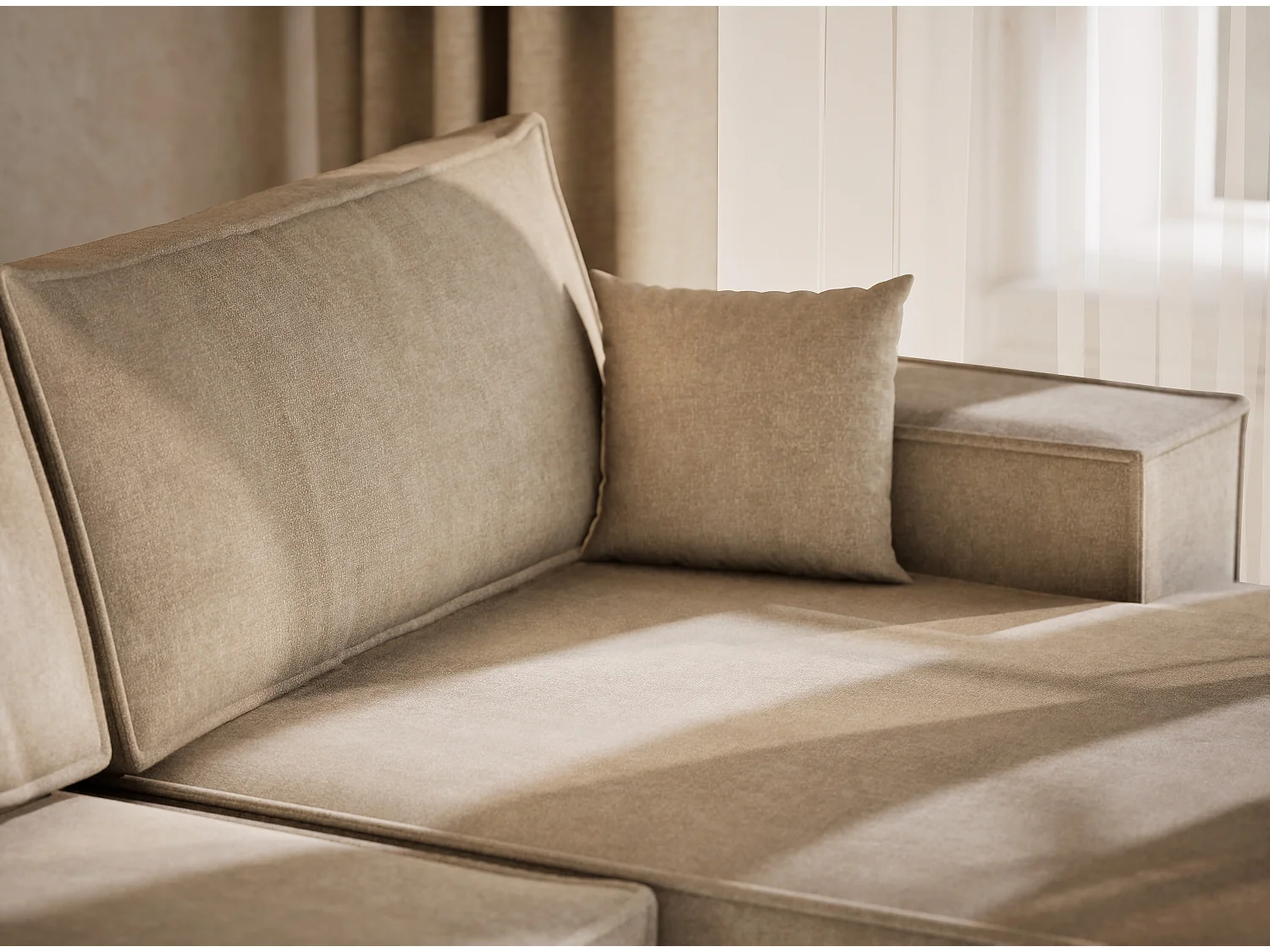 Canapé d'angle panoramique avec fonction lit en tissu chenille beige KYOTO