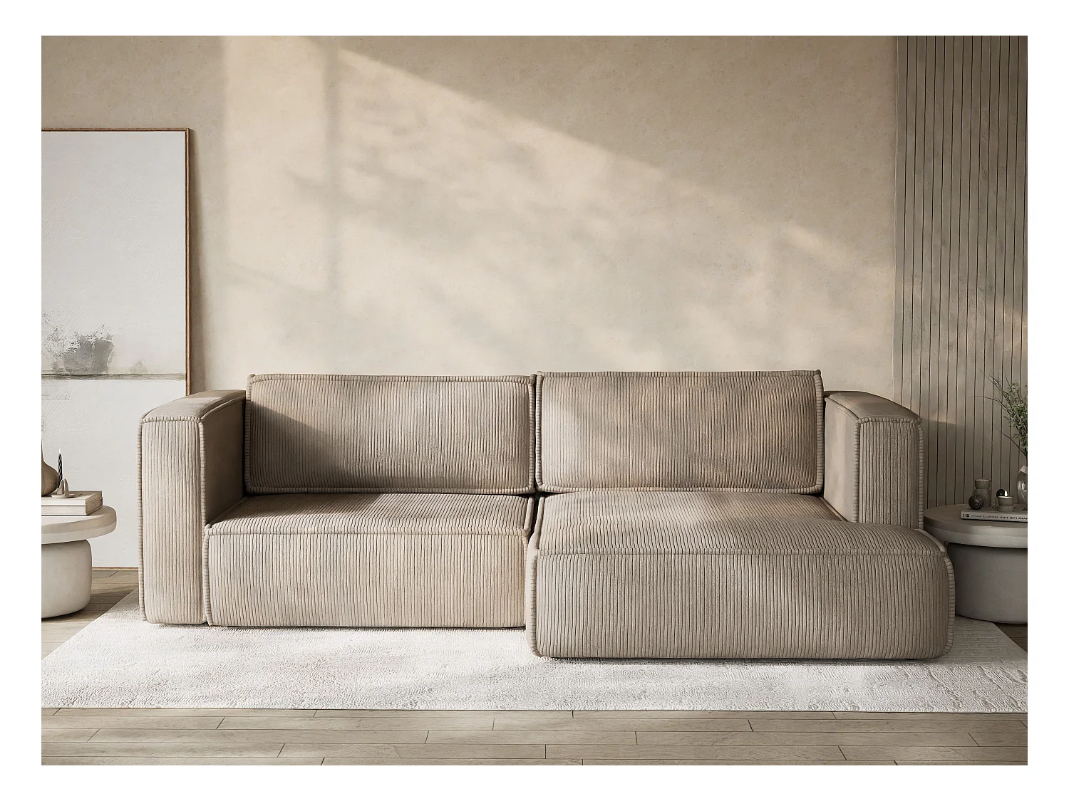 Canapé d'angle droit avec fonction lit en velours beige foncé VELTO