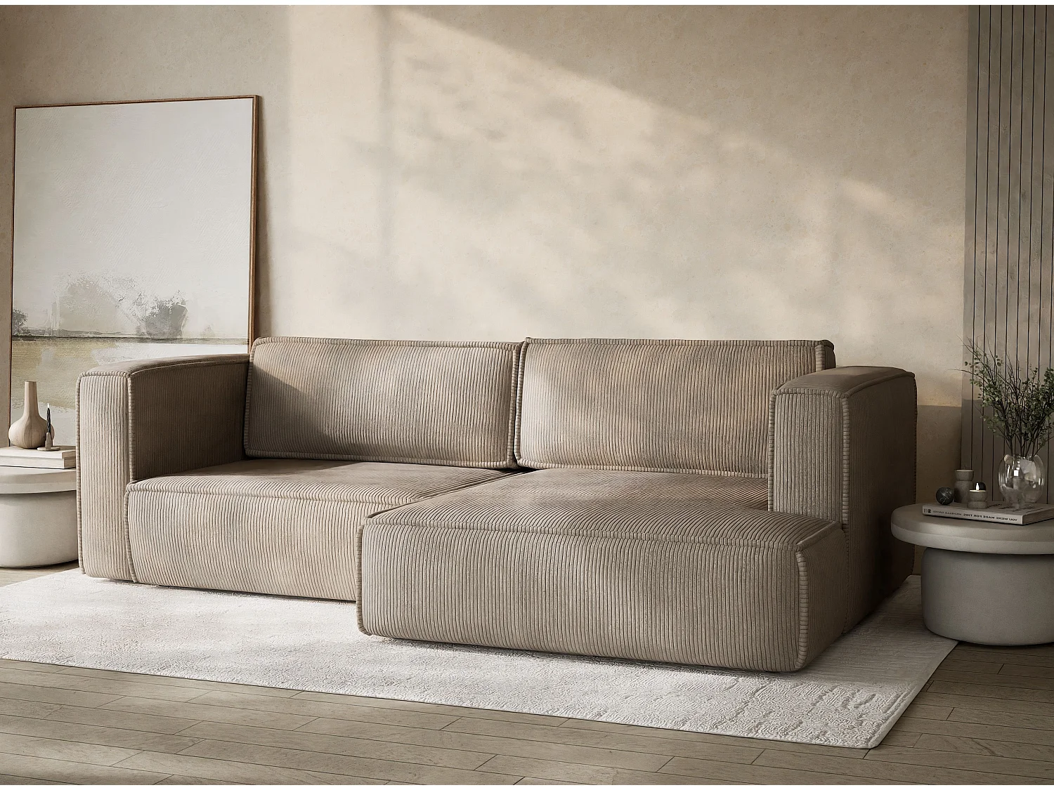 Canapé d'angle droit avec fonction lit en velours beige foncé VELTO