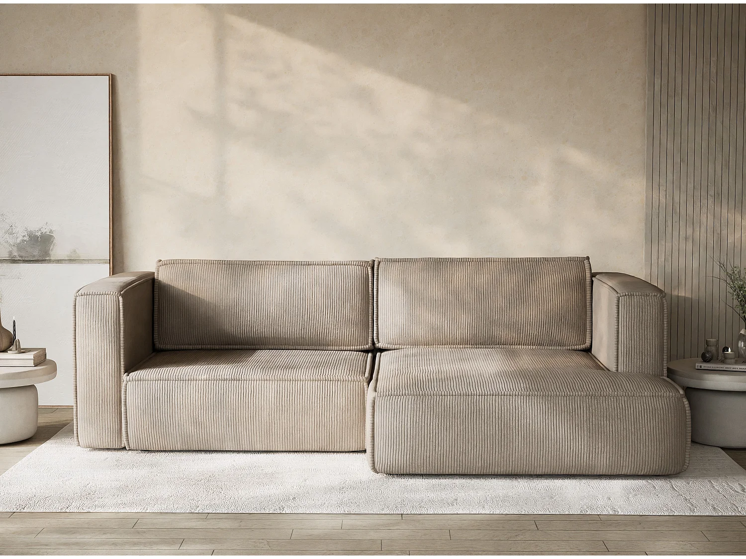 Canapé d'angle droit avec fonction lit en velours beige foncé VELTO