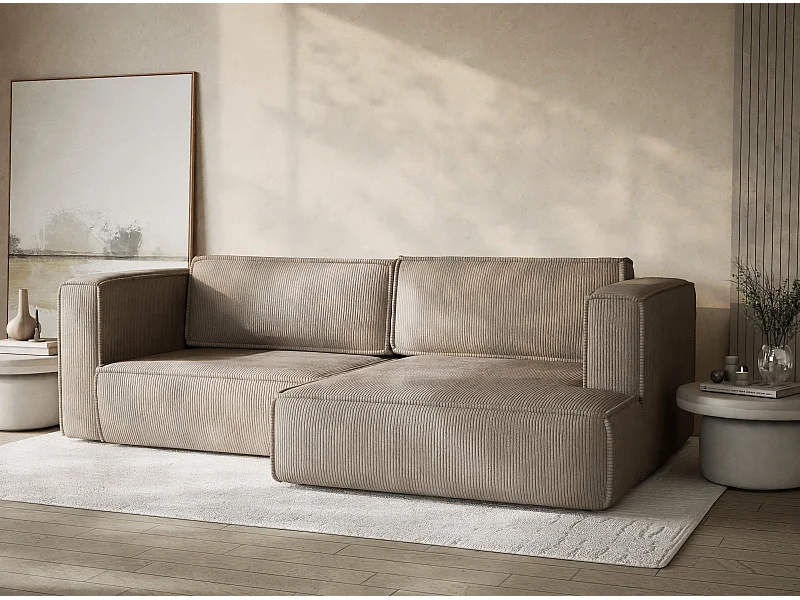 Canapé d'angle droit avec fonction lit en velours beige foncé VELTO