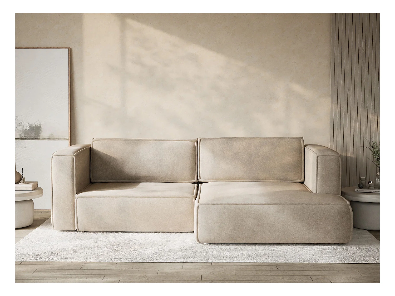 Canapé d'angle droit avec fonction lit en tissu chenille beige VELTO