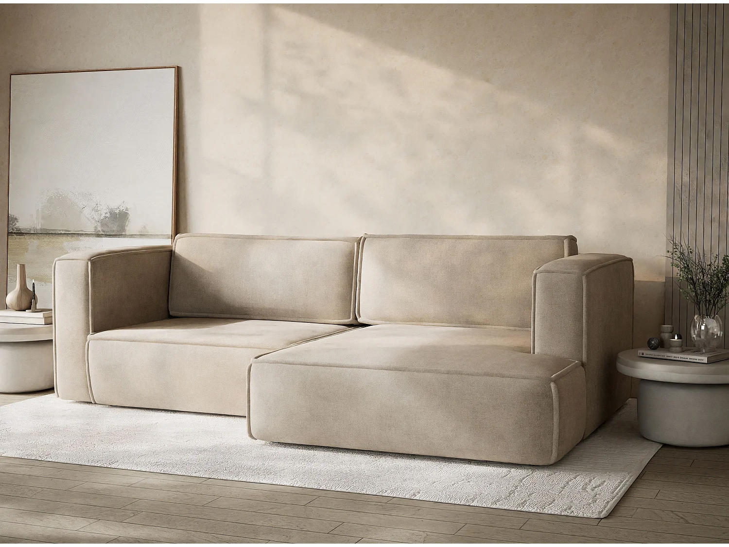 Canapé d'angle droit avec fonction lit en tissu chenille beige VELTO