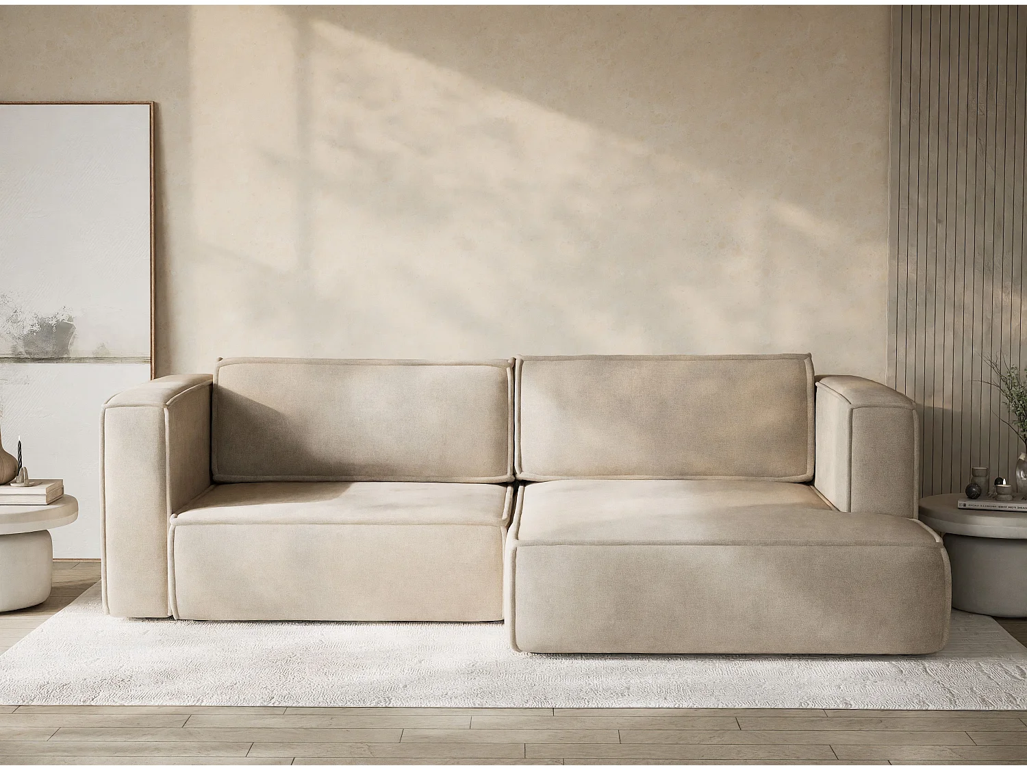 Canapé d'angle droit avec fonction lit en tissu chenille beige VELTO