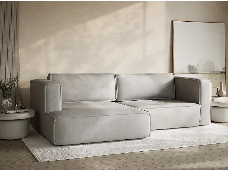 Canapé d'angle gauche avec fonction lit en tissu tressé beige gris VELTO