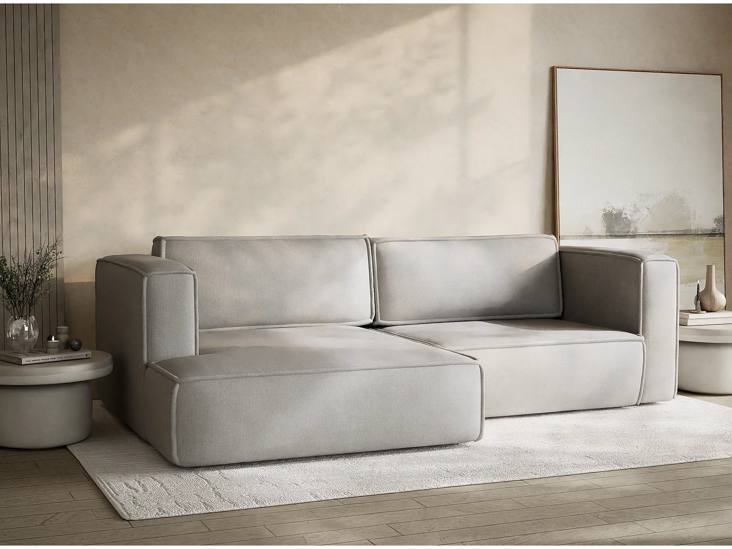 Canapé d'angle gauche avec fonction lit en tissu tressé beige gris VELTO