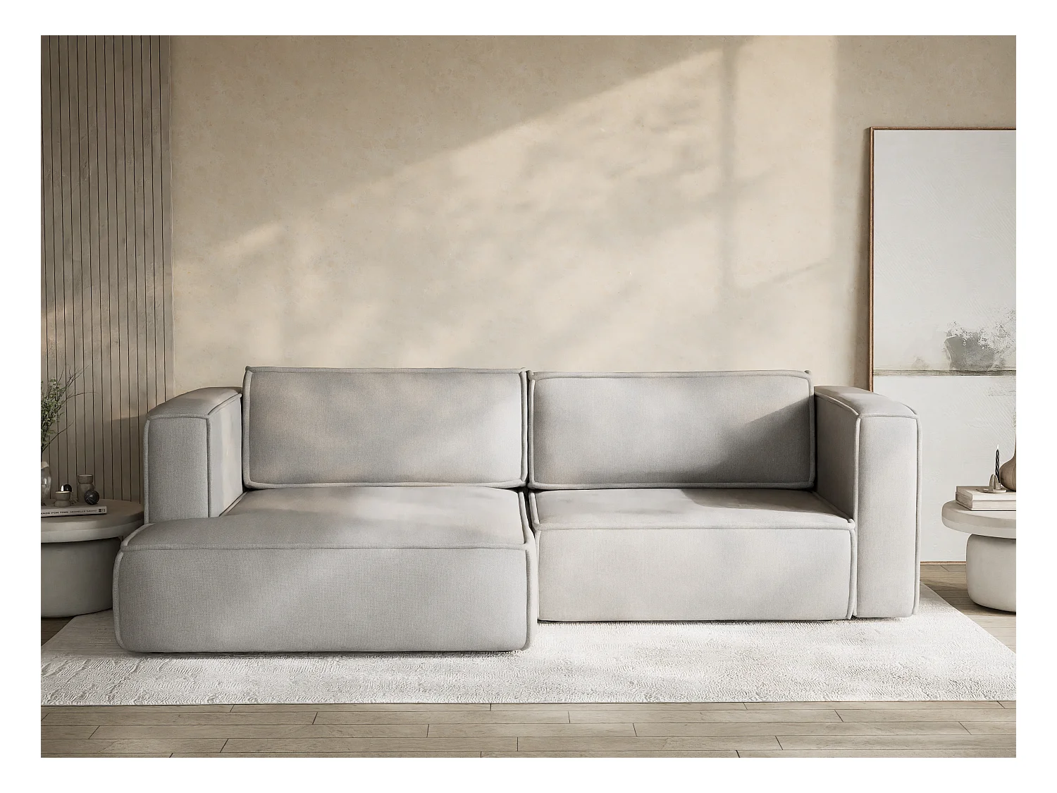 Canapé d'angle gauche avec fonction lit en tissu tressé beige gris VELTO