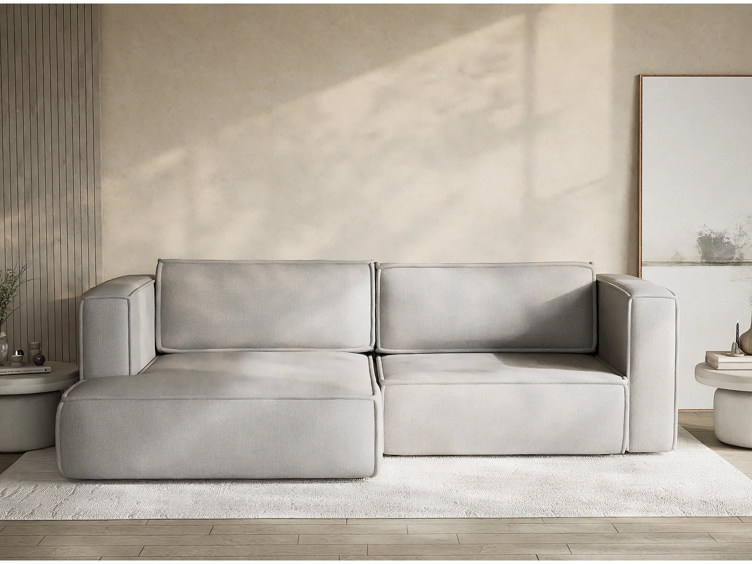 Canapé d'angle gauche avec fonction lit en tissu tressé beige gris VELTO