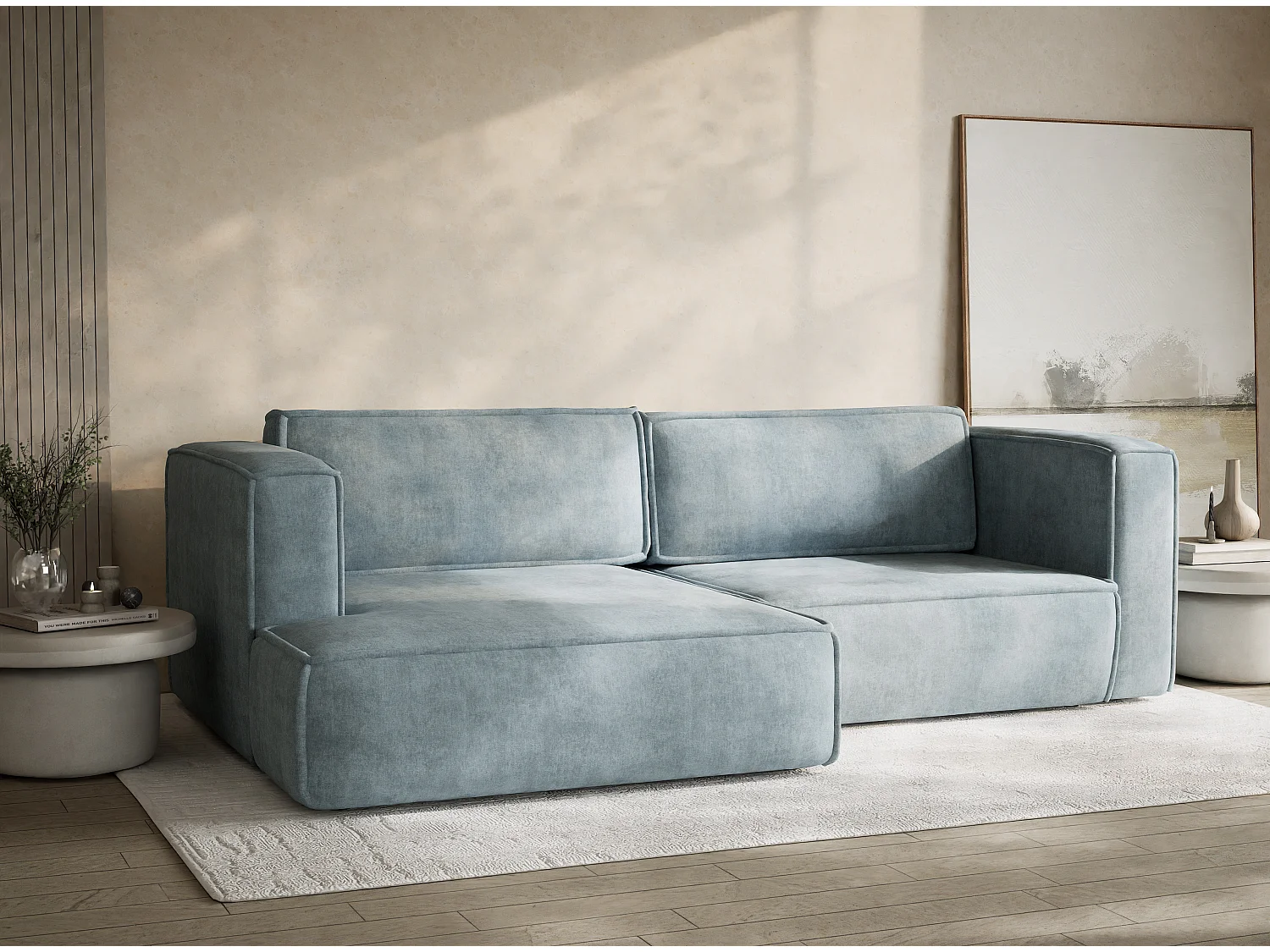 Canapé d'angle gauche avec fonction lit en tissu chenille bleu clair VELTO