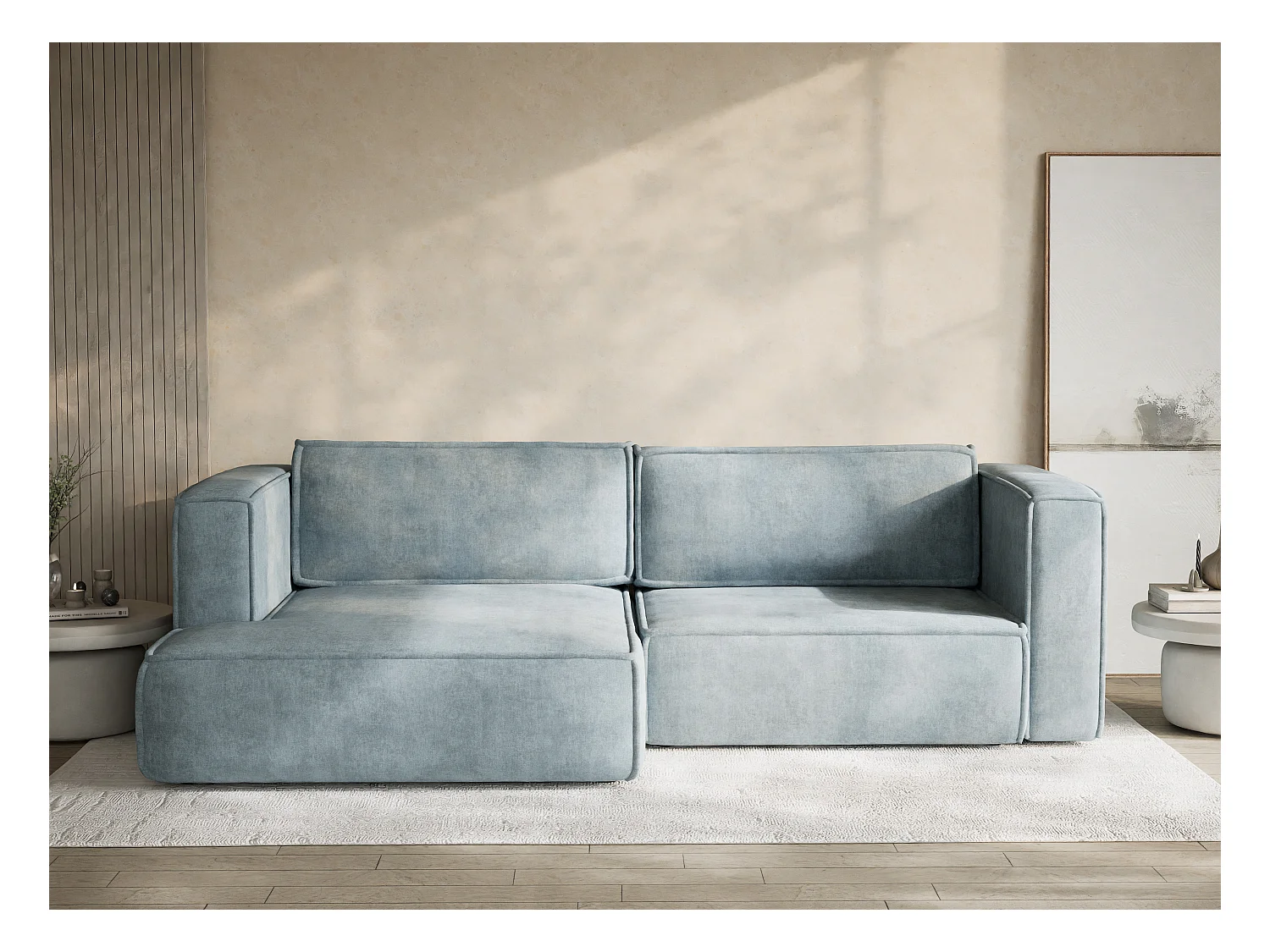 Canapé d'angle gauche avec fonction lit en tissu chenille bleu clair VELTO