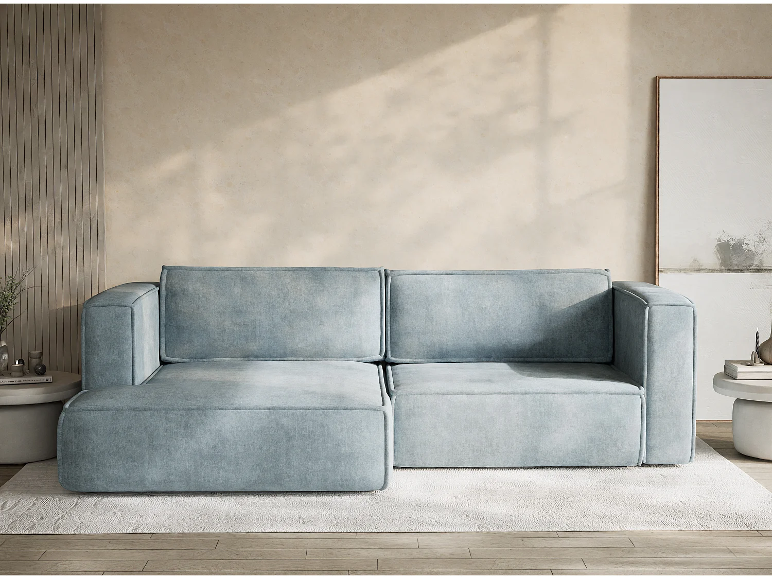 Canapé d'angle gauche avec fonction lit en tissu chenille bleu clair VELTO