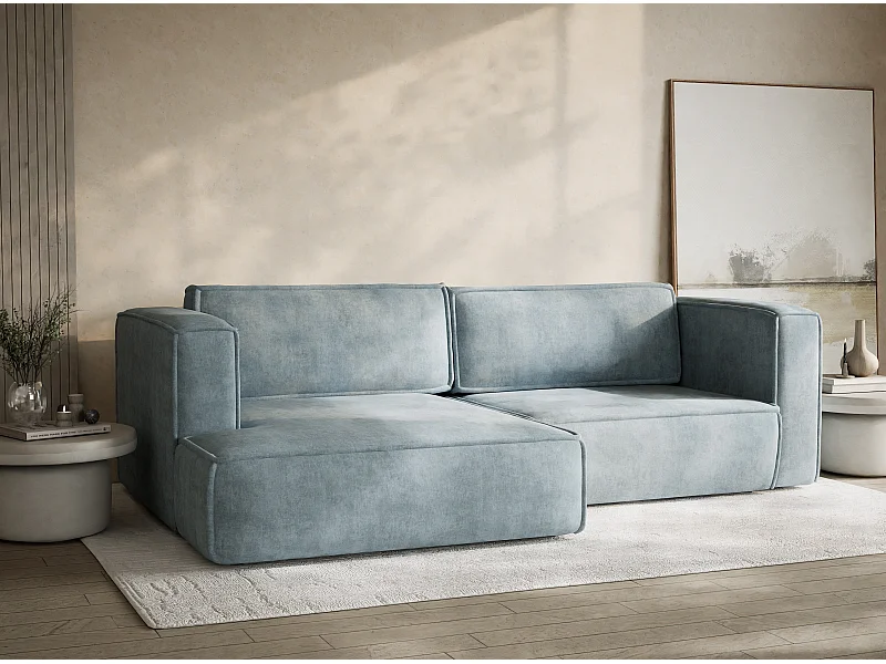 Ecksofa mit Schlaffunktion - Ecke Links - 3-Sitzer - Chenille-Stoff - hellblau - VELTO