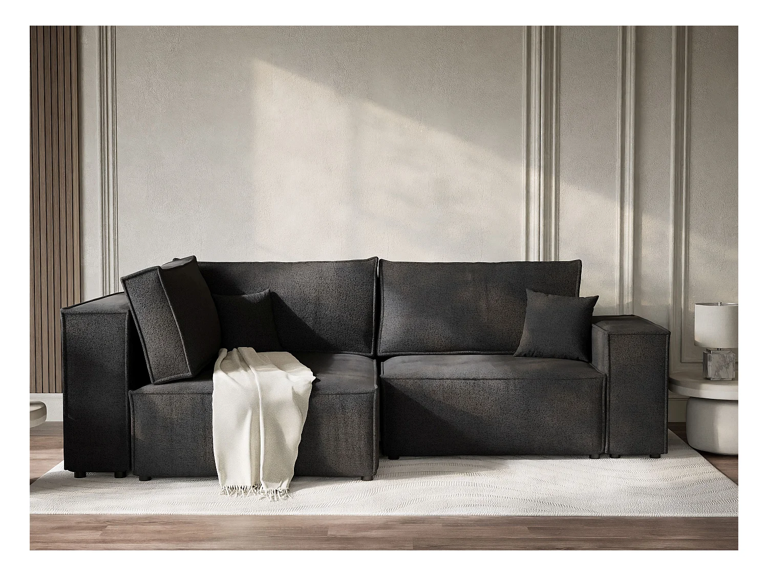 Canapé d'angle gauche avec fonction lit en tissu tressé graphite TONGA